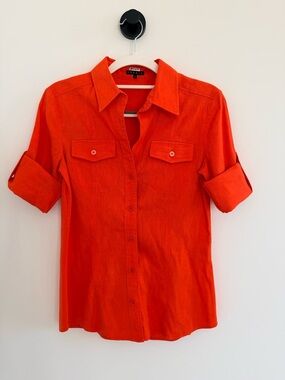 Theory Bright Orange/Coral Fitted Collared Shirt with roll up sleeves.